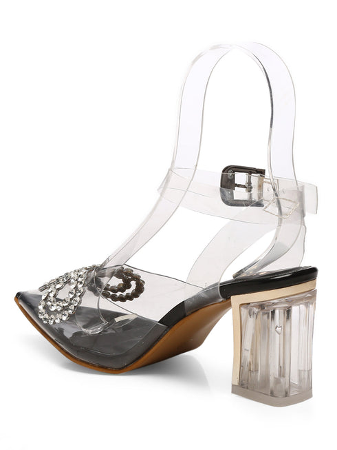 GNIST Black Pointed Embellished Transparent Bow Heels